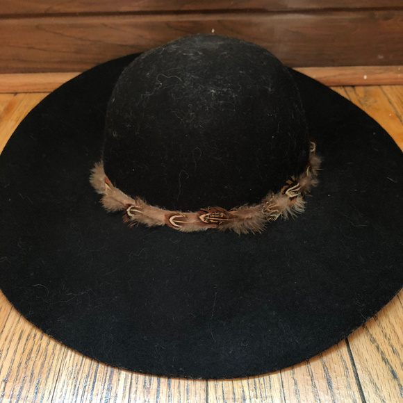 Black Wool Wide Brim Hat with Feathered Trim - Picture 1 of 2